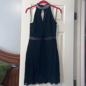 lace black cocktail dress cut out high neck pearls short mini sleeveless halter